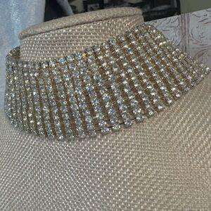 11 Strand Silver Rhinestone Choker Necklace